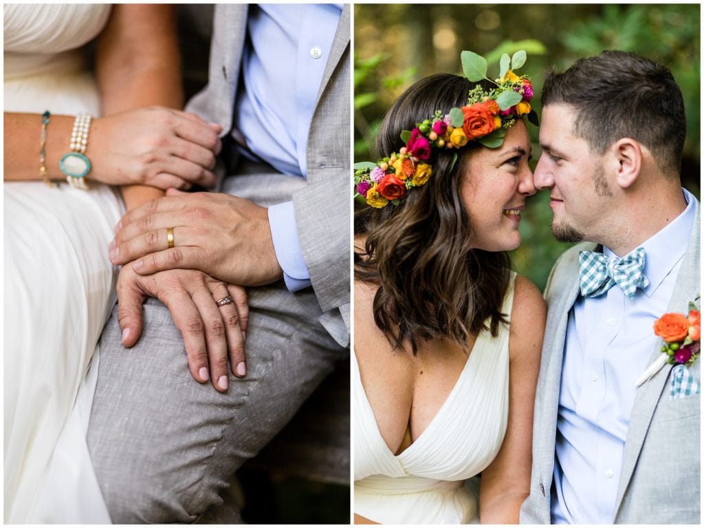 Romantic bride and groom gazing at each other and wedding band on hand details