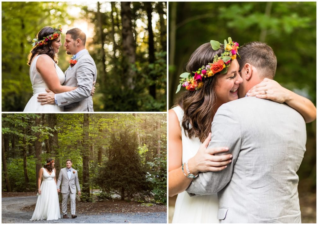 Outdoor sunset woods bride and groom wedding portraits