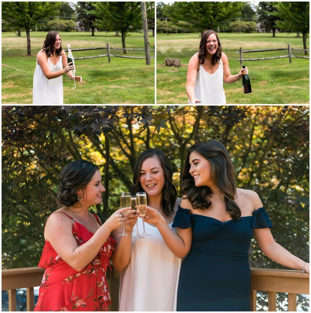 Bride with bridesmaids popping and drinking champagne