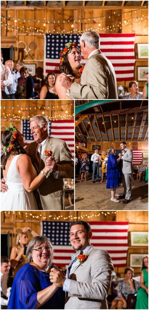 Father of the bride and mother of the groom parent dances during Tall Timbers Barn Wedding