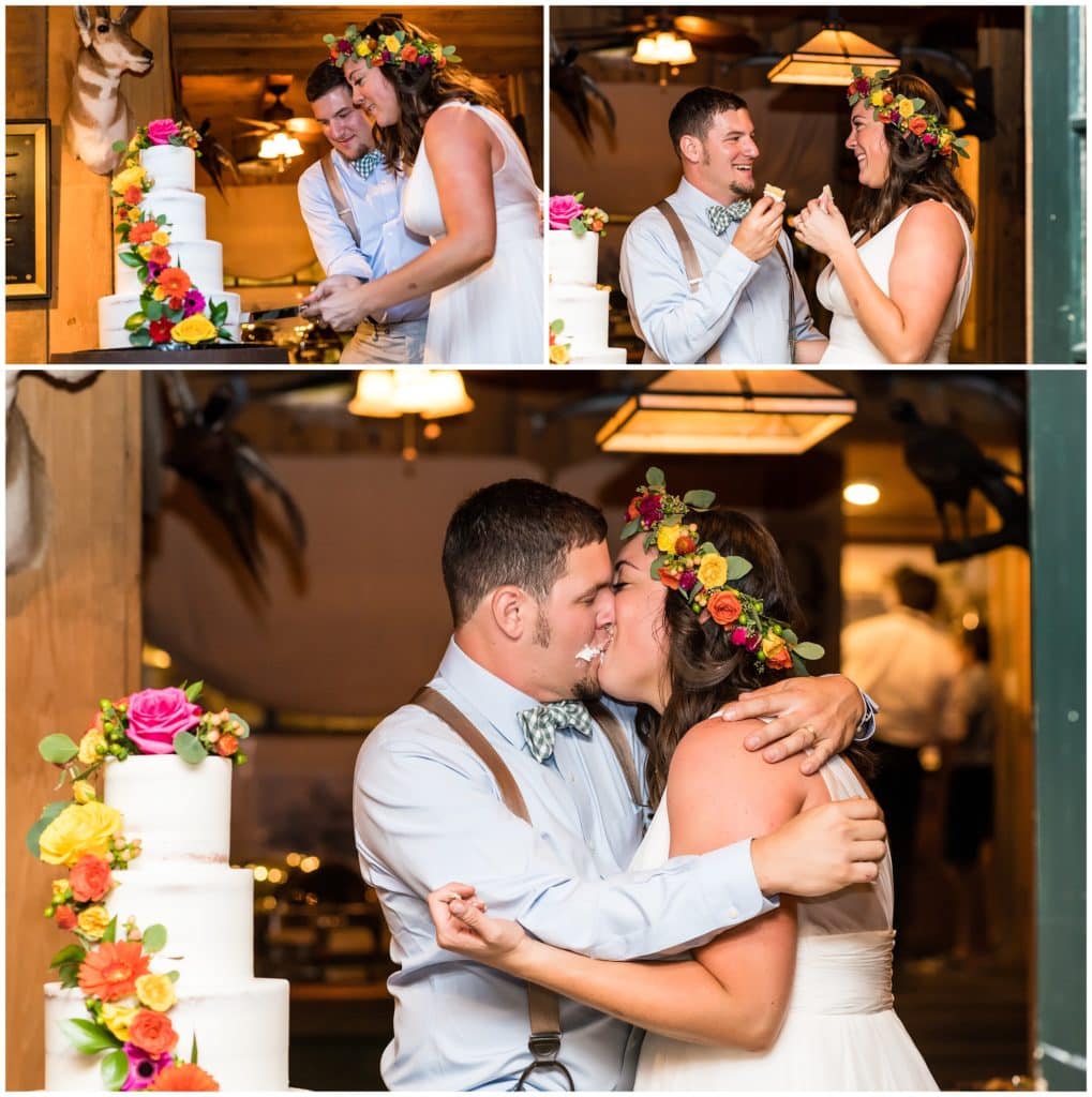 Bride and groom cutting cake, smashing it in each others faces, and kissing with cake all over