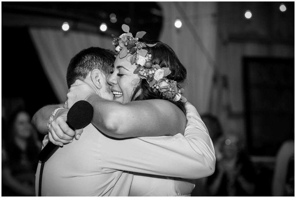 Black and white bride and groom on the dance floor