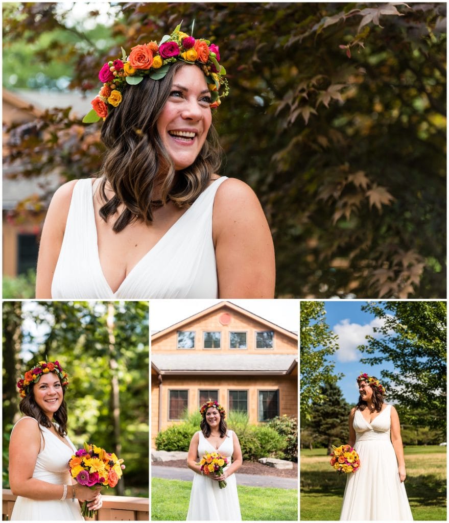 Outdoor bridal portraits with colorful flower crown and bouquet