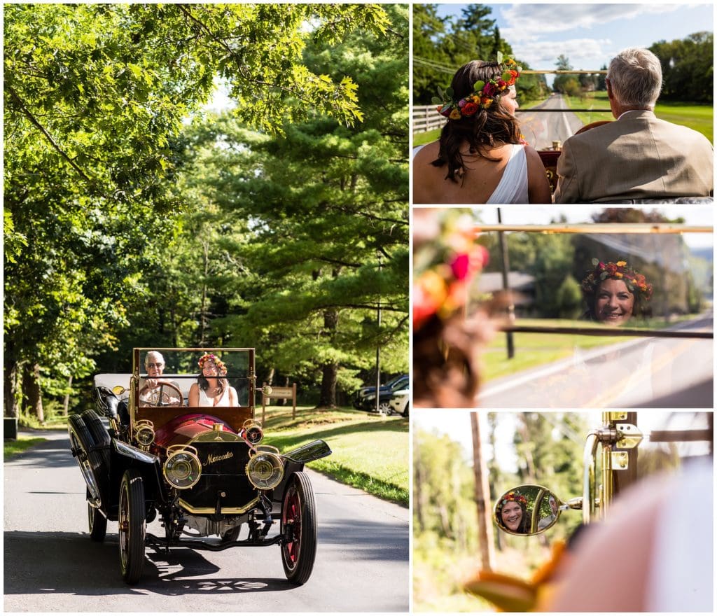 Father of the bride driving bride to wedding in old classic car