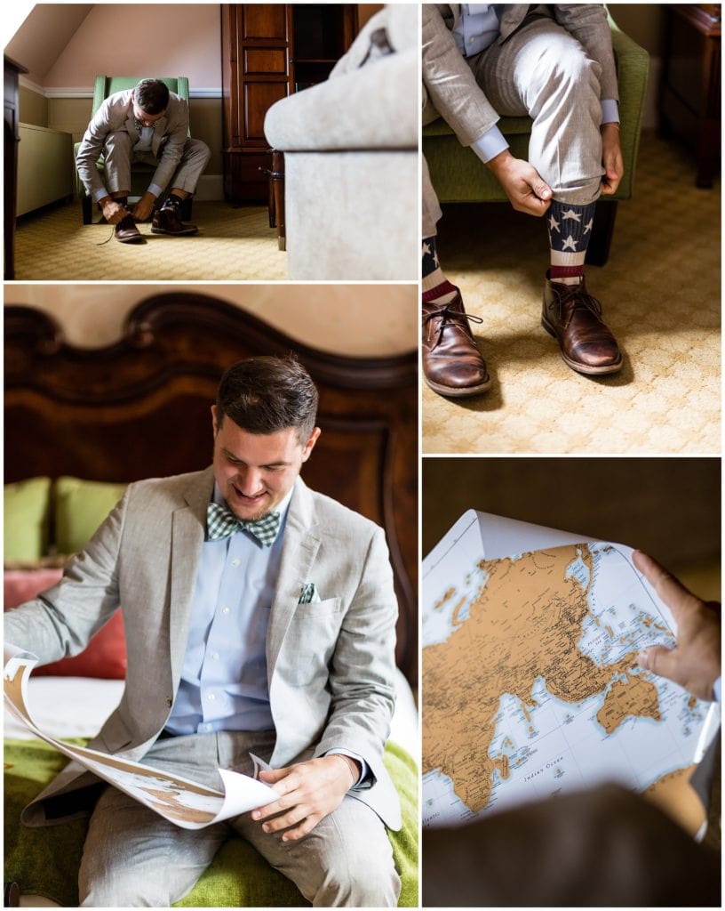Groom prep with American flag socks and world map gift