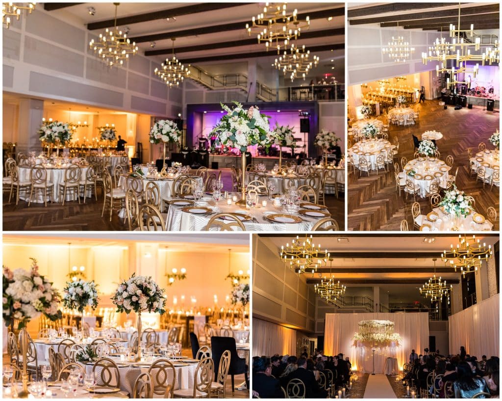 Ballroom details featuring elaborate florals from Beautiful Blooms at the Lucy by Cescaphe - Best Philadelphia Wedding Venues
