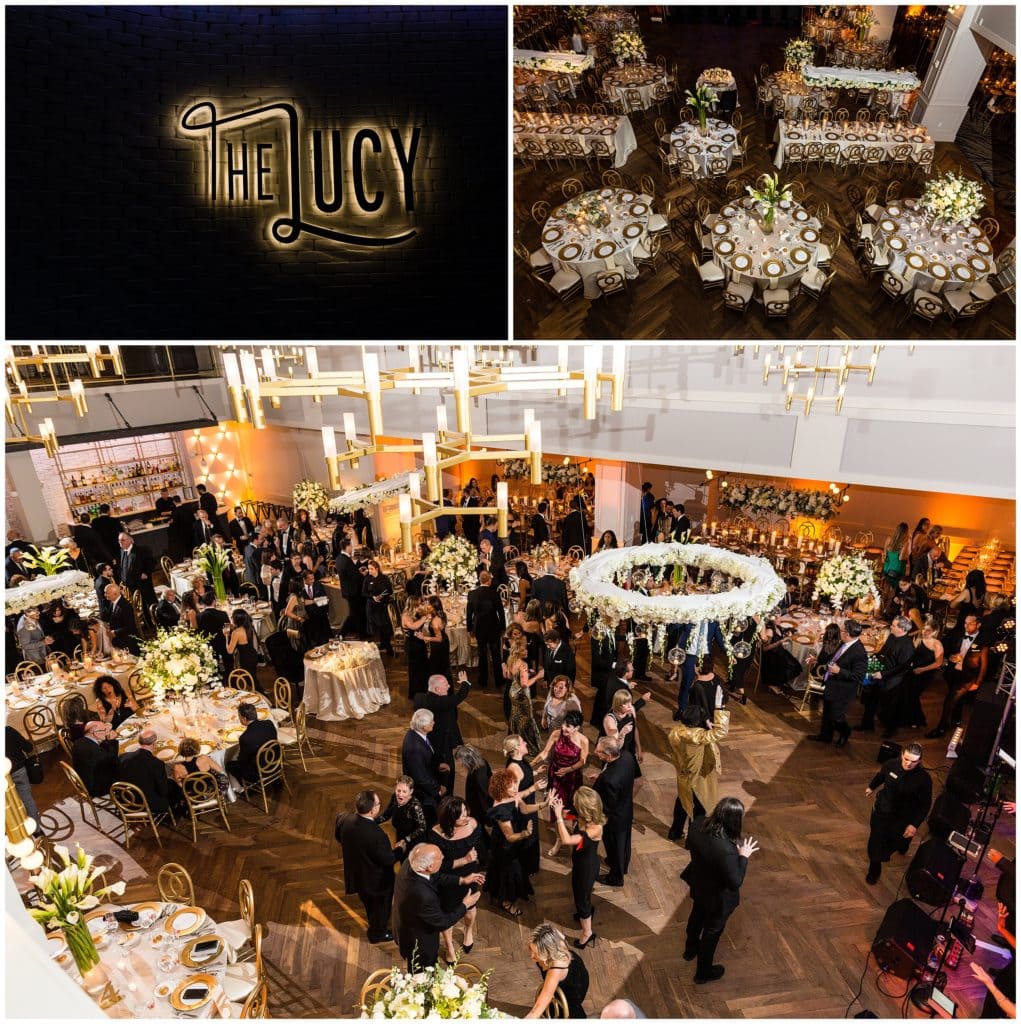 Details of The Lucy sign, overhead view of reception set up and dance floor at the Lucy by Cescaphe - Best Philadelphia Wedding Venues