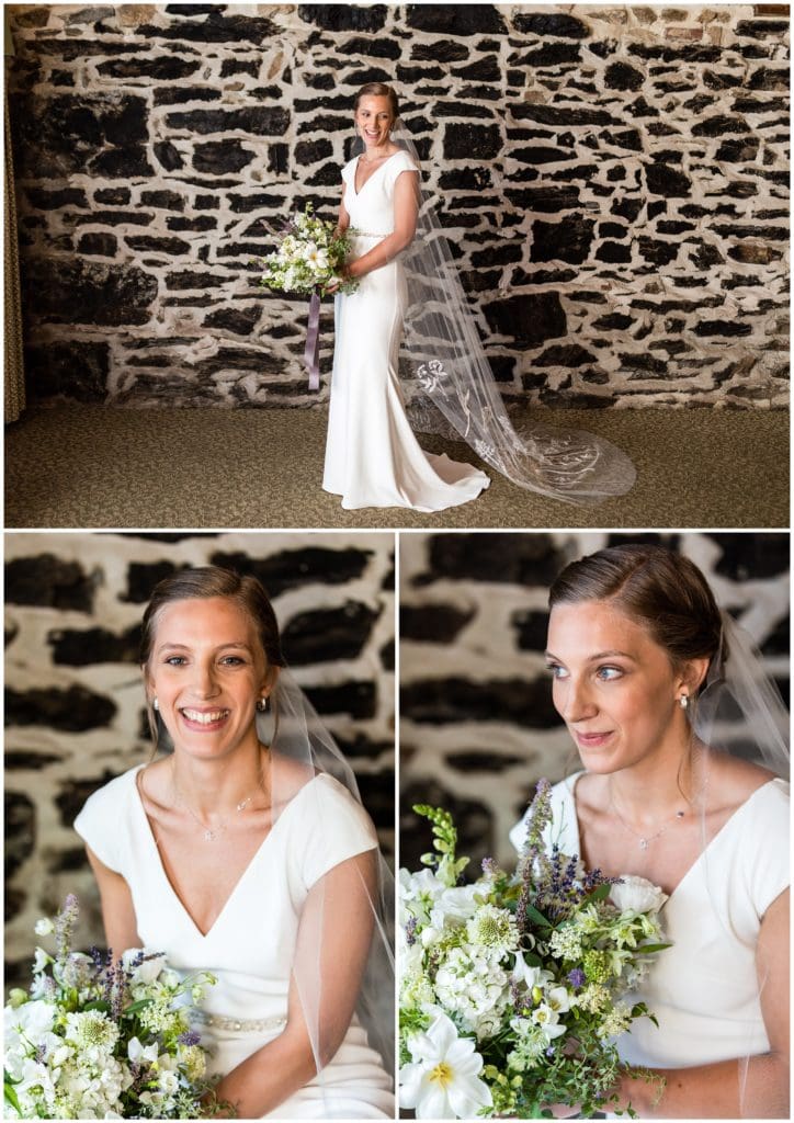 Traditional window lit bridal portrait collage with purple and white bouquet