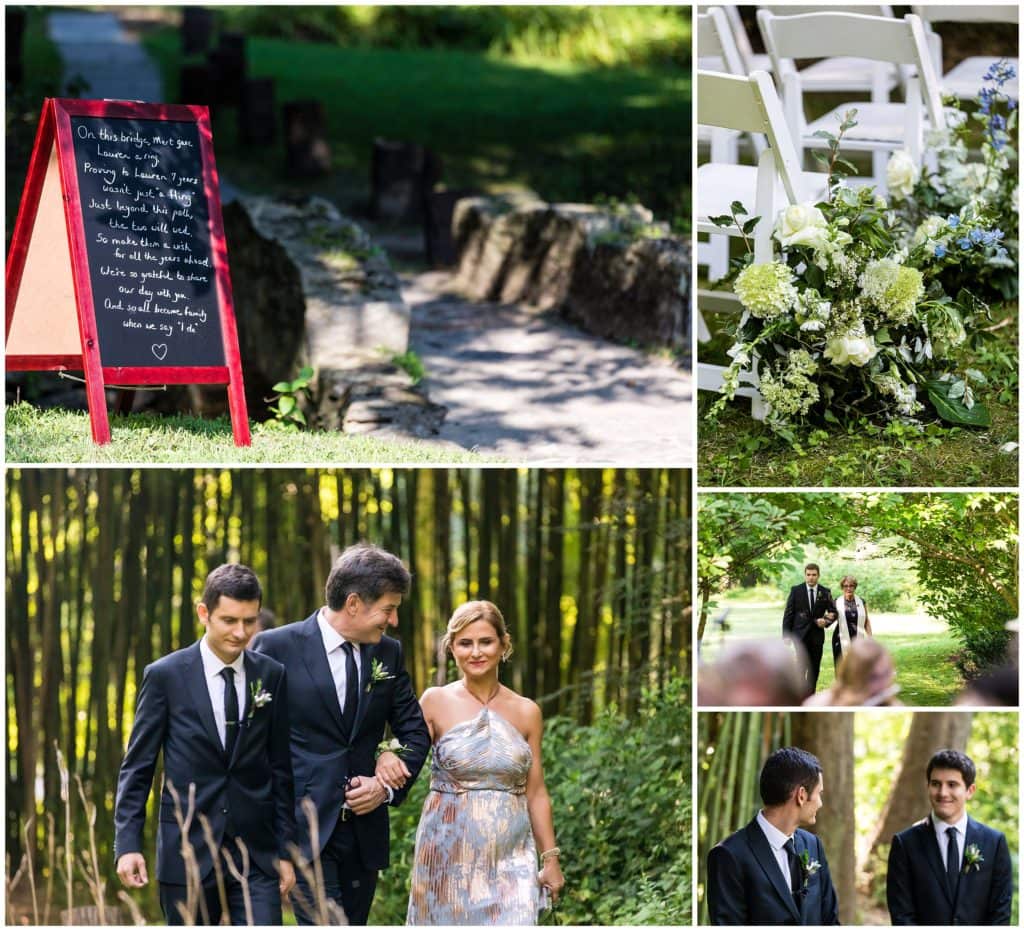 Old Mill outdoor wedding ceremony with welcome sign, aisle floral detail, and families walking down aisle