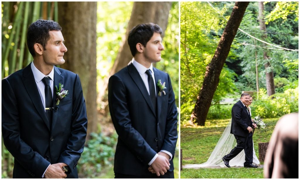 Groom at the alter watching bride and her father walk down the aisle 