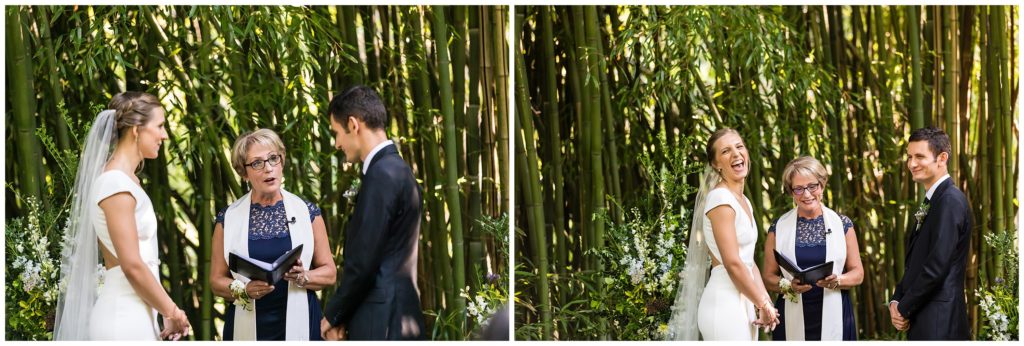 Bride and groom laughing and smiling together during vows at outdoor wedding ceremony at the Old Mill