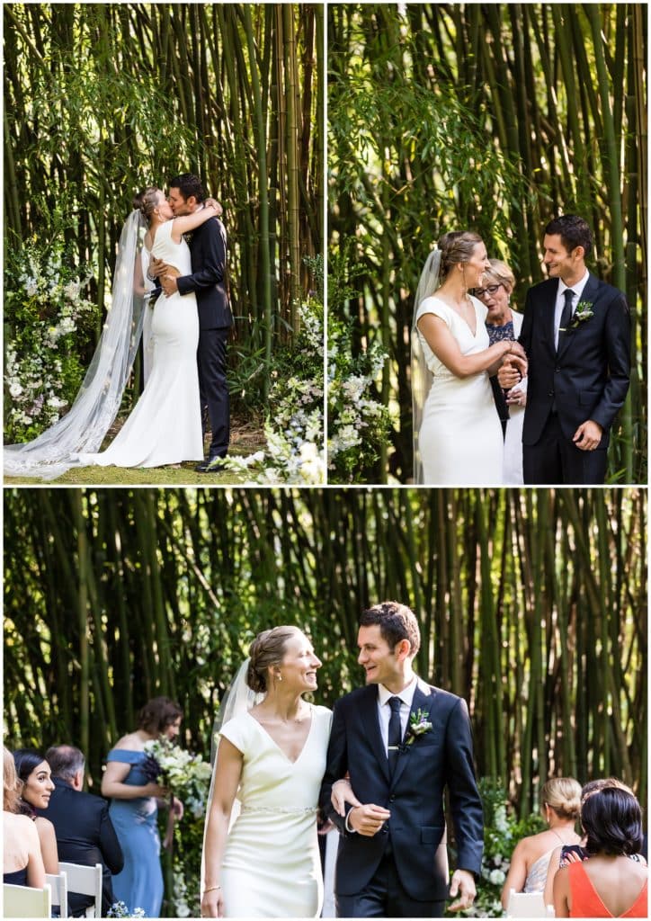 Bride and groom kissing during outdoor wedding ceremony at Old Mill and walking up aisle looking at each other