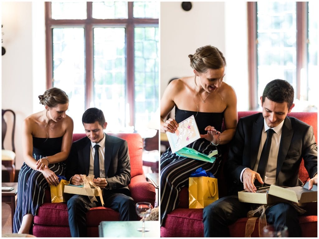 Bride and groom before wedding exchanging gifts and letters