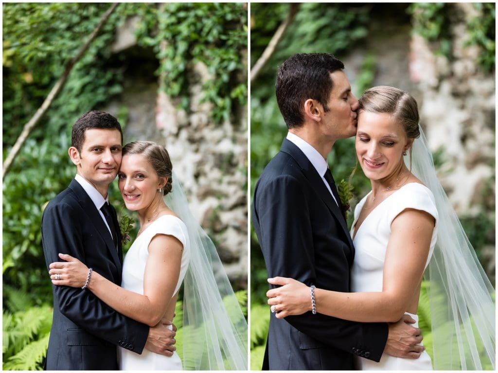 Traditional smiling and groom kissing bride on her forehead wedding portrait collage