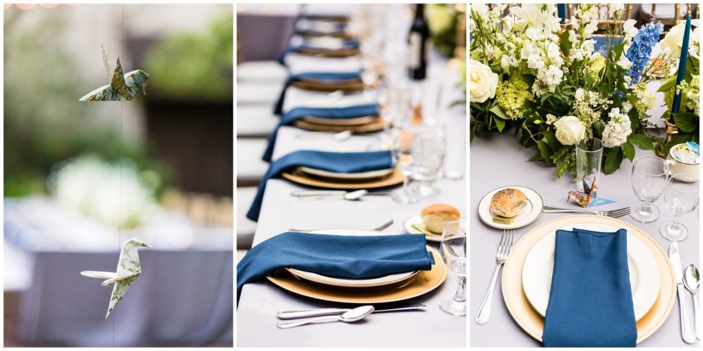 Hand made paper cranes, gold and blue table details, white and green floral centerpieces at Old Mill wedding reception