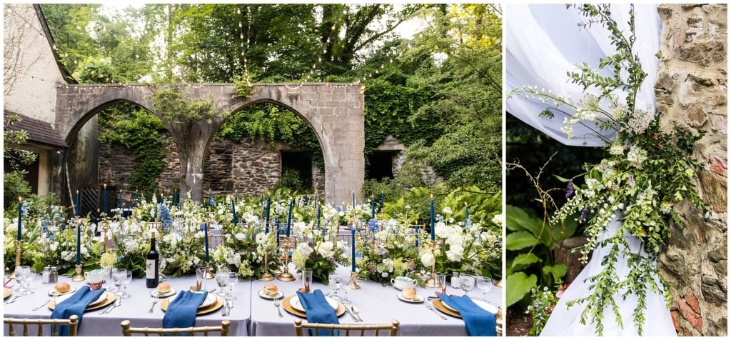 Intimate outdoor wedding reception with green, blue, and gold table details and centerpieces at Old Mill