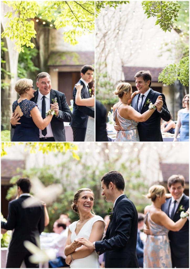 Parents of the bride and groom and bride and groom dancing and laughing during Old Mill wedding reception