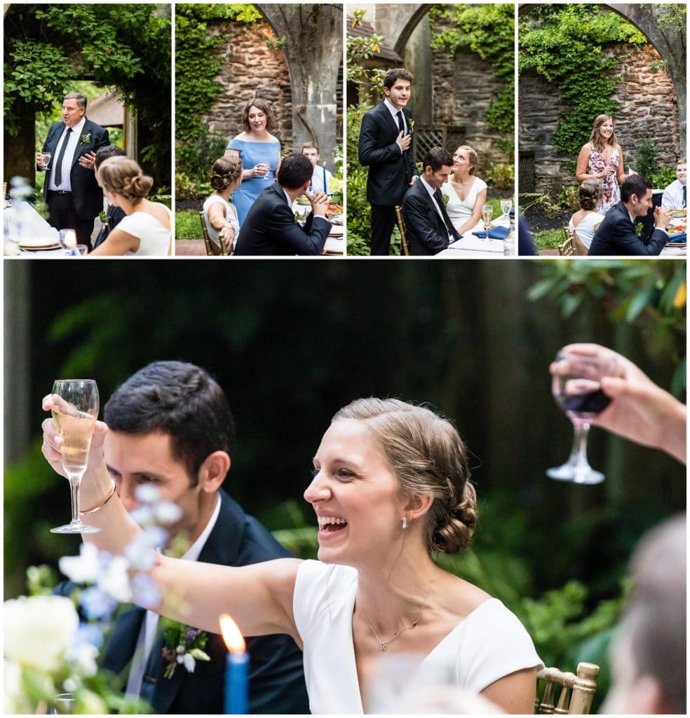 Parent toasts, best man, and maid of honor speeches during intimate outdoor Old Mill wedding