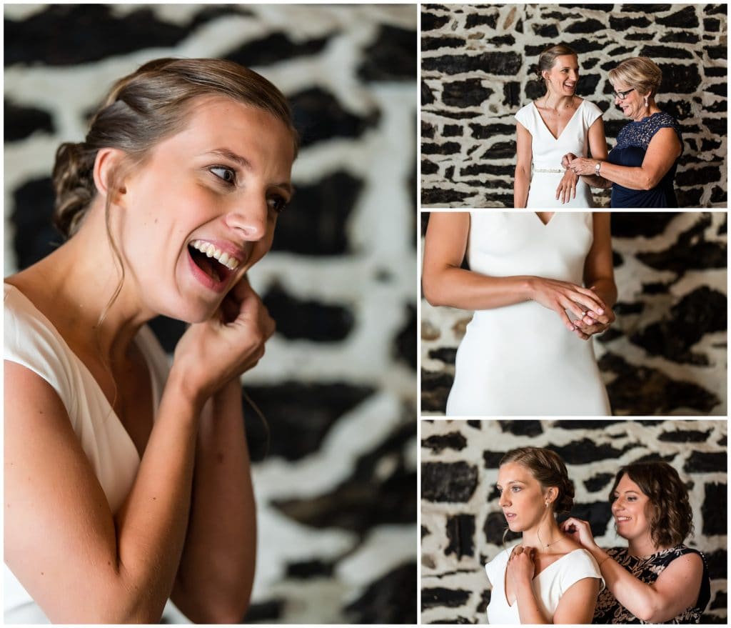 Bride getting ready portrait putting on earrings and engagement ring, mother of brides and bridesmaid helping bride put on her jewelry 