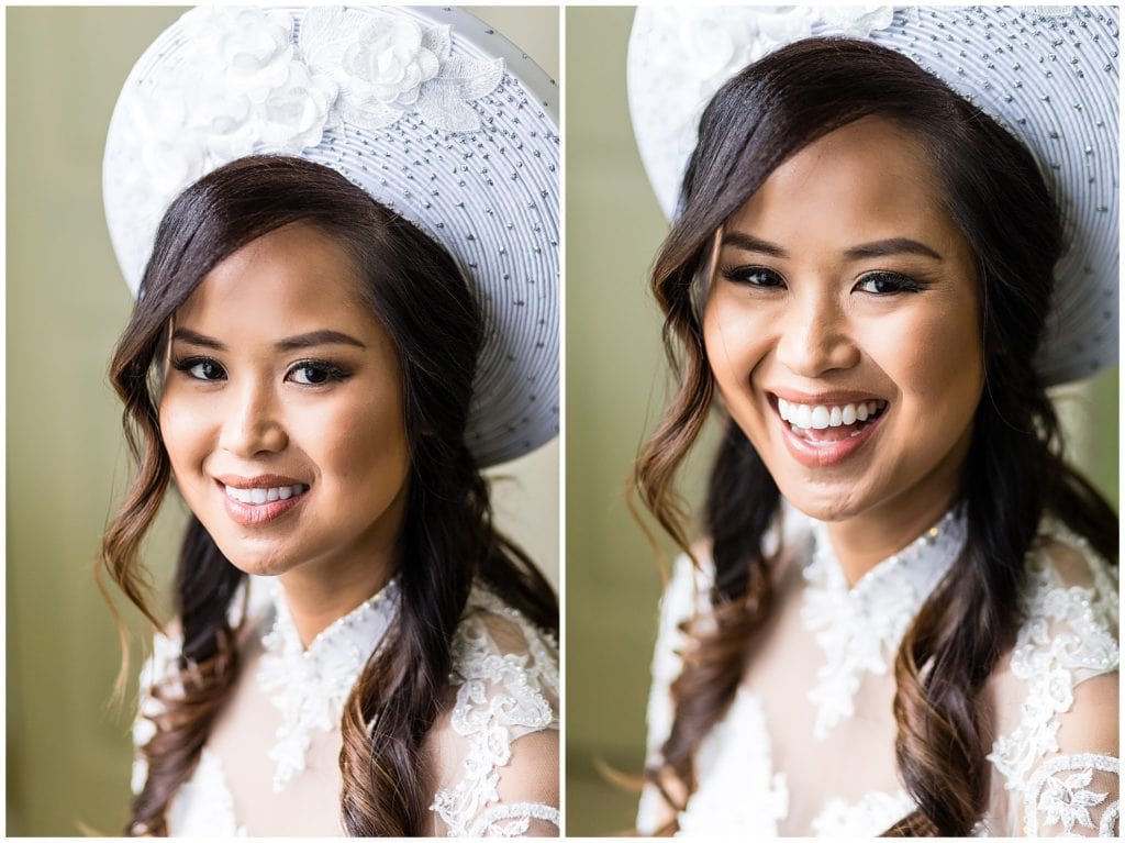 Traditional window lit bridal portraits with unique white Vietnamese Khan Dong