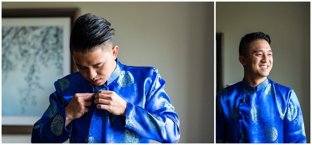 Window lit groom portraits, getting ready for traditional Vietnamese Tea Ceremony wedding reception