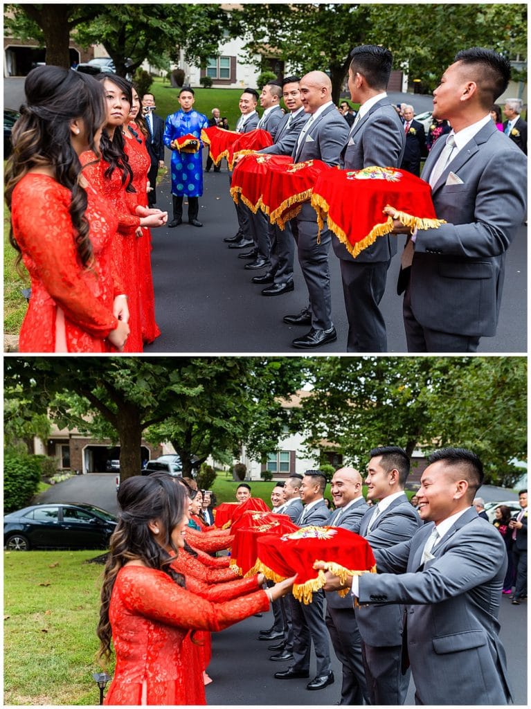 Bridesmaids and groomsmen during traditional Vietnamese Tea Ceremony wedding