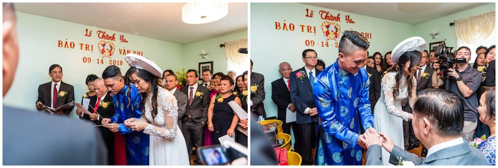 Bride and groom during traditional Vietnamese Tea Ceremony wedding