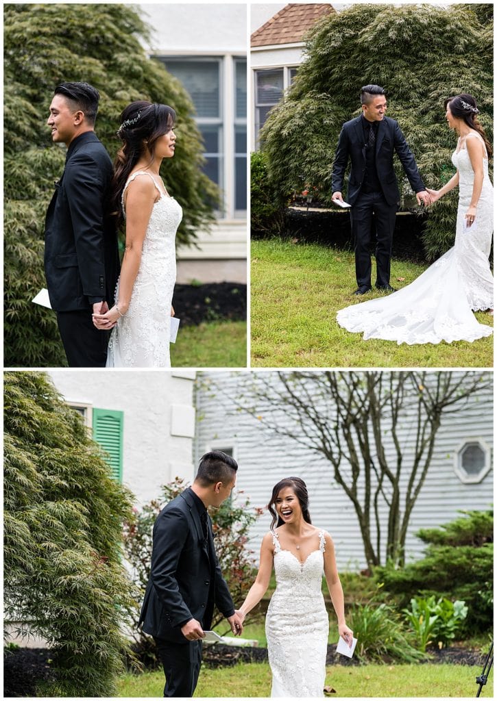 Bride and groom back to back letter reading and first look