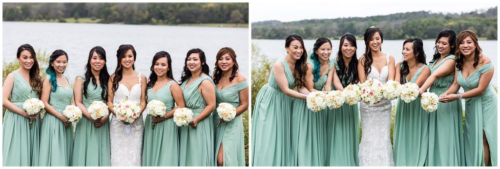 Traditional bridesmaids portrait with laughing and matching florals