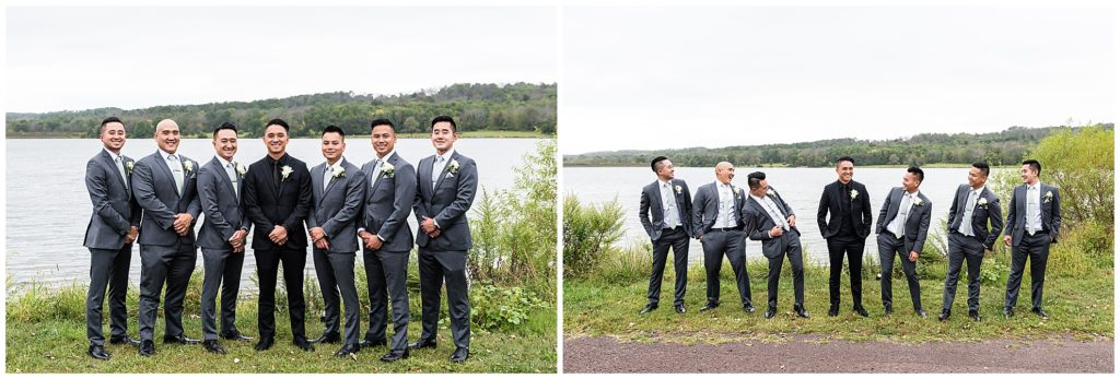 Traditional groomsmen portraits with groomsmen hyping up the groom