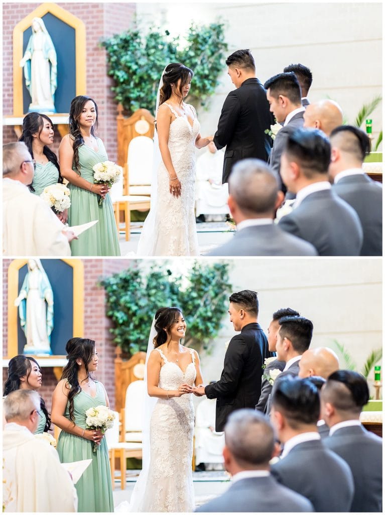 Bride and groom exchanging rings in Vietnamese church wedding ceremony