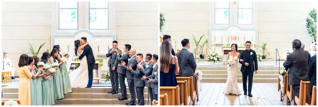 Bride and groom kiss and walk up aisle at Vietnamese wedding ceremony