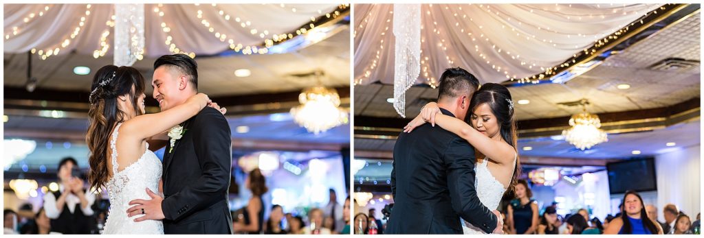 Bride and groom smile and hug during first dance at Golden City Restaurant wedding reception