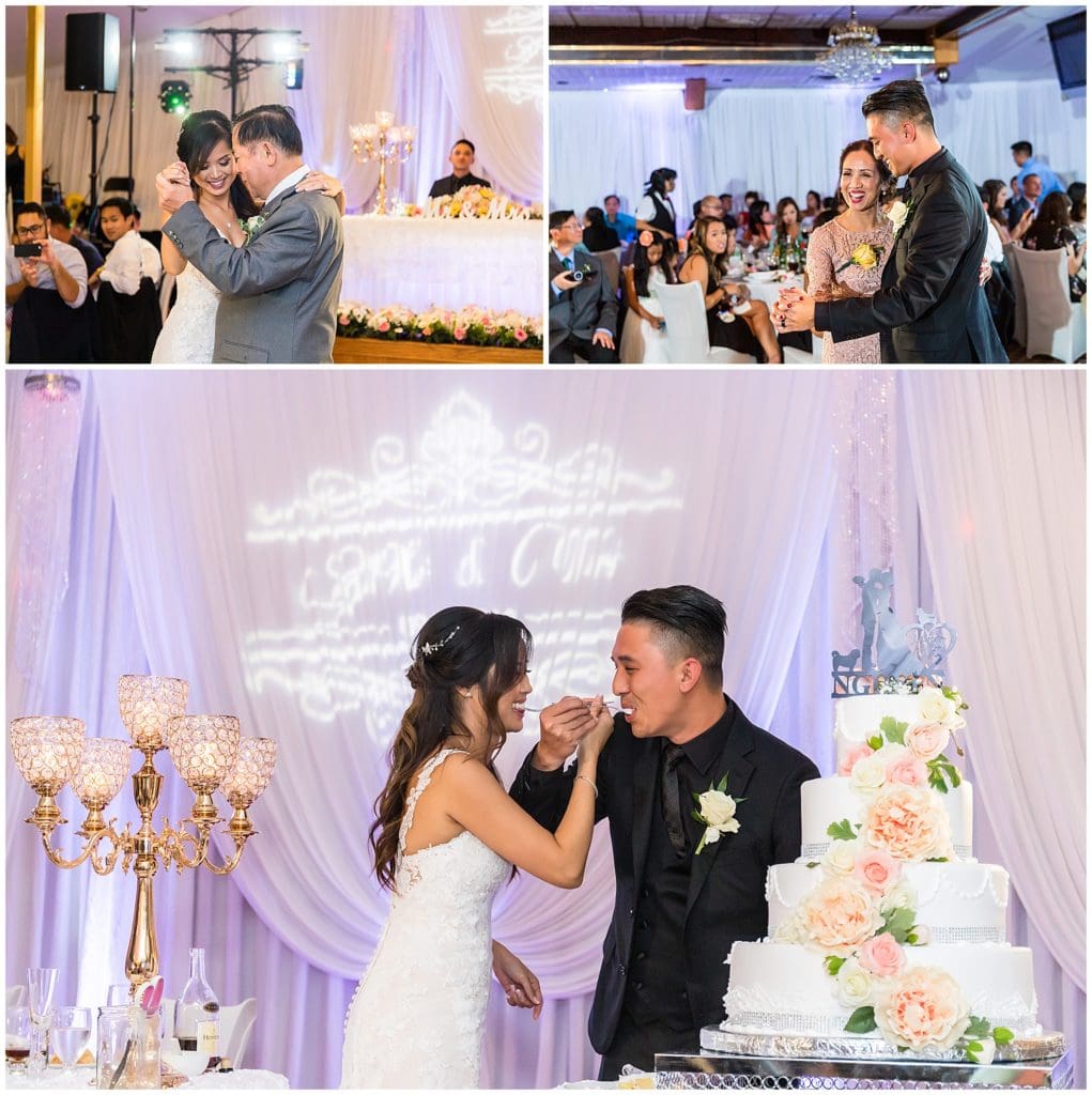 Bride and groom parent dances and bride and groom feeding each other wedding cake