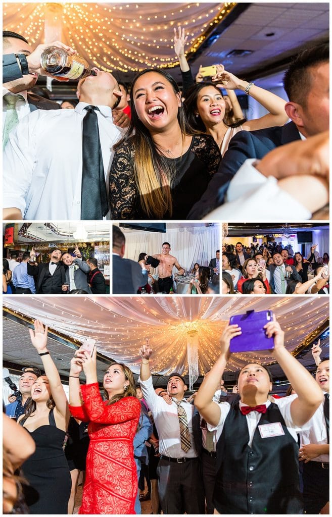 Wedding guests laughing, drinking, dancing, and stripping on the dance floor at Golden City Restaurant wedding reception