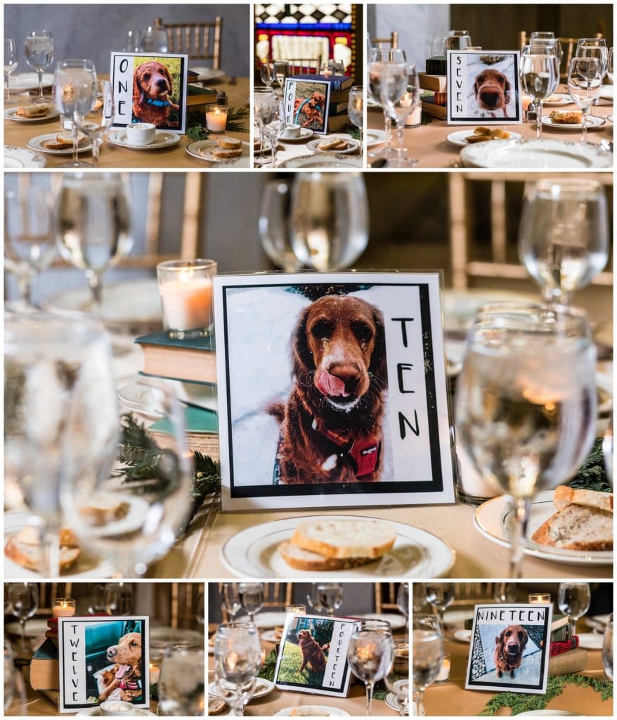 details of couple's dog pictures on centerpieces