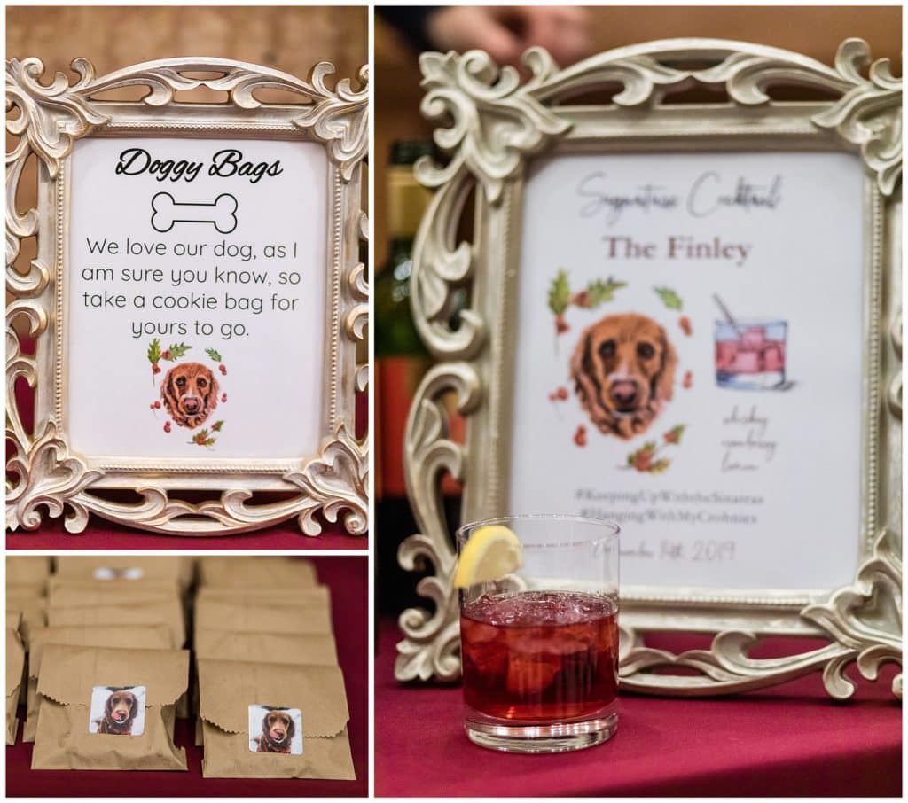 details of signature drink, dog treats, and doggie bags inspired by couple's dog at their ONE North Broad wedding reception