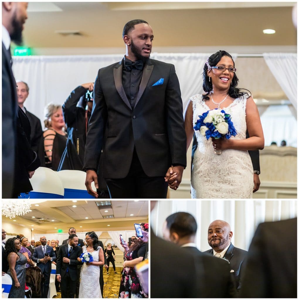 bride being escorted down the aisle by her three sons