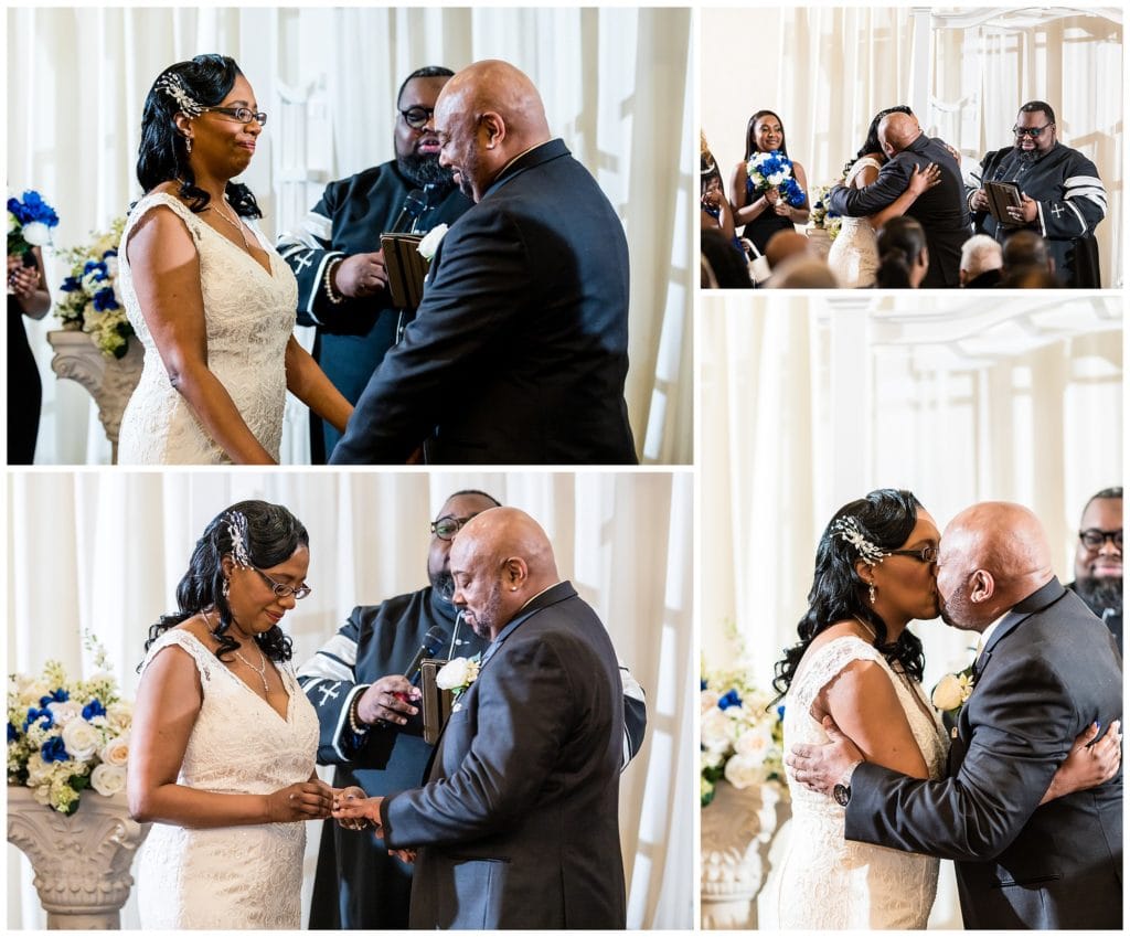 bride and groom exchanging vows and rings, and sharing their first married kiss at the Windsor Ballroom