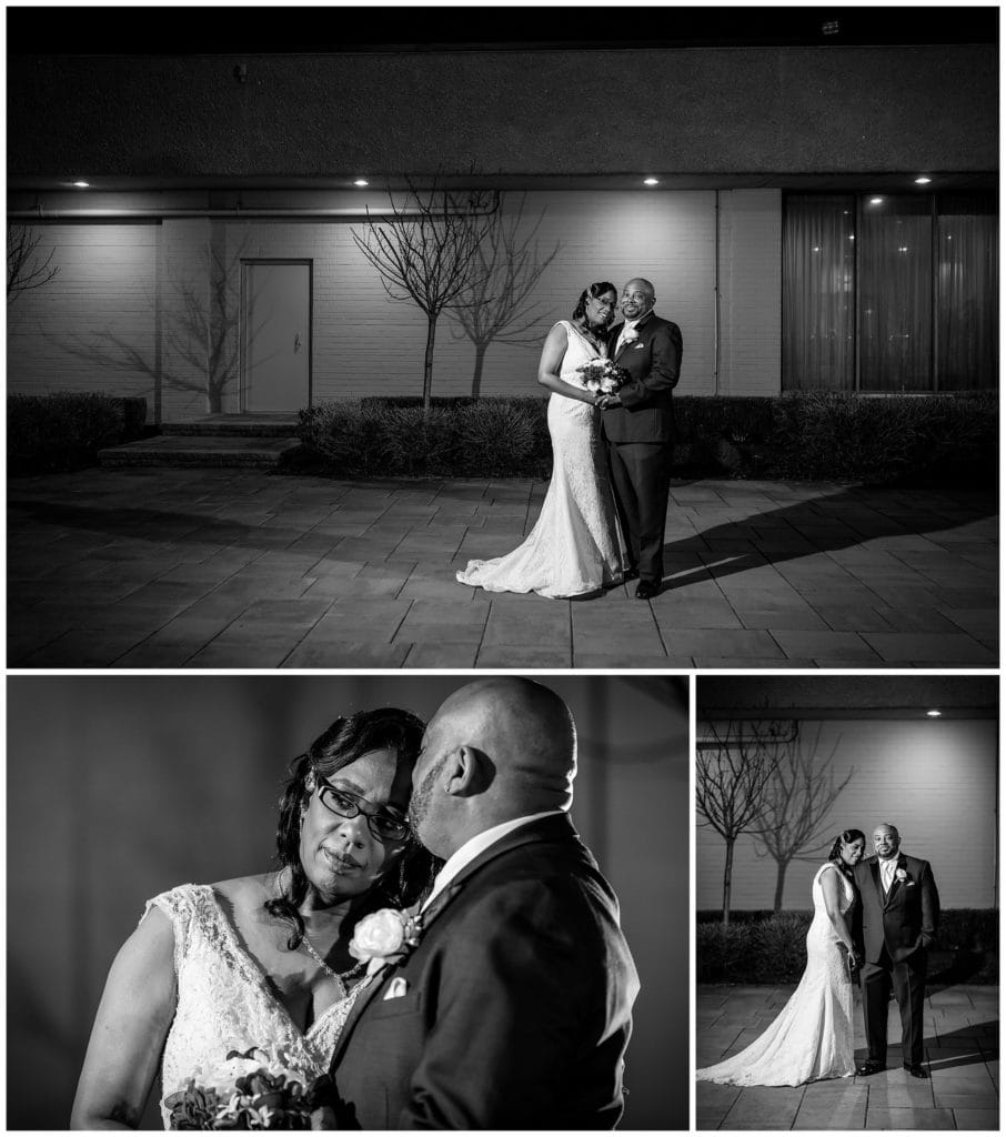 black and white outdoor night time portraits of bride and groom in the courtyard of the Windsor Ballrooma