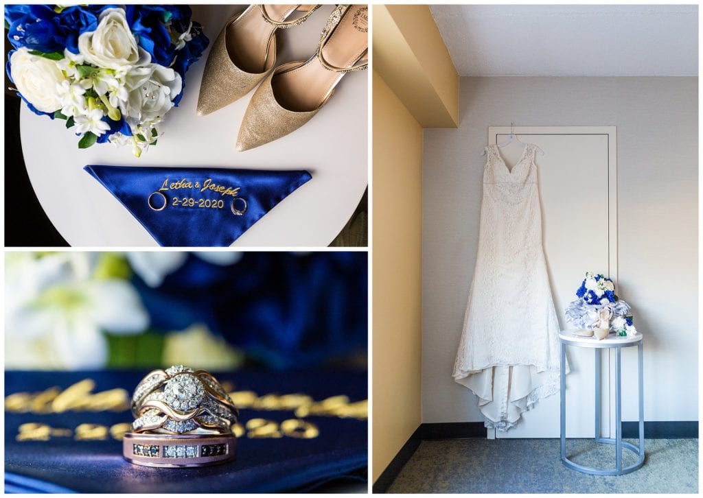 royal blue wedding handkerchief, gold shoes, and brides dress hanging