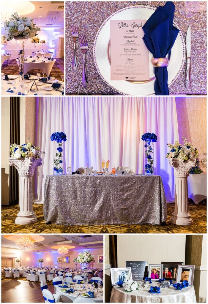 collage of details from Windsor Ballroom including royal blue florals and sparkly linens
