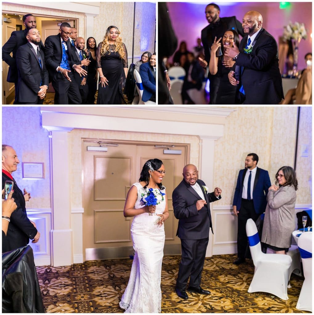 bridal party and bride and groom entering the Windsor Ballroom wedding reception