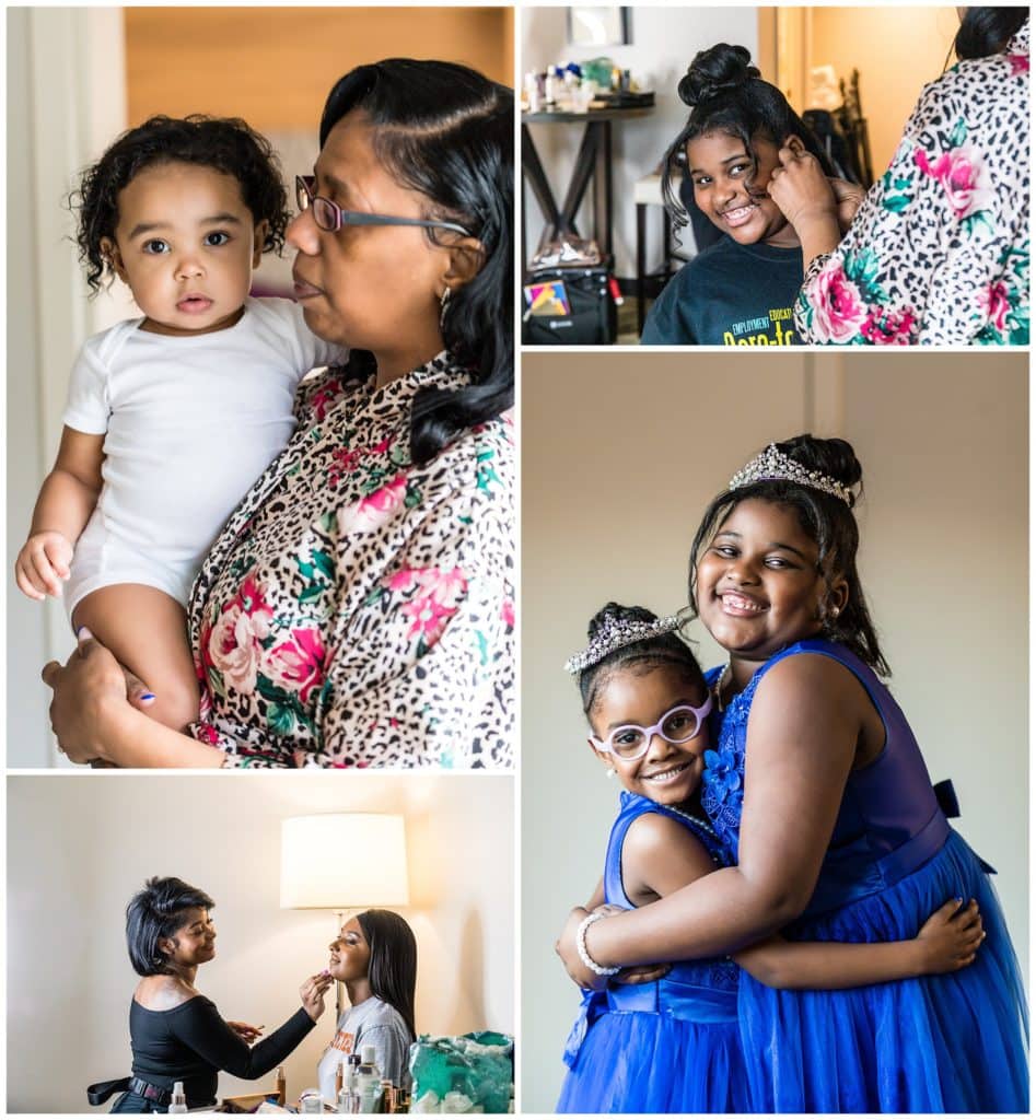 bride, maid of honor, and flower girls getting ready for the wedding ceremony