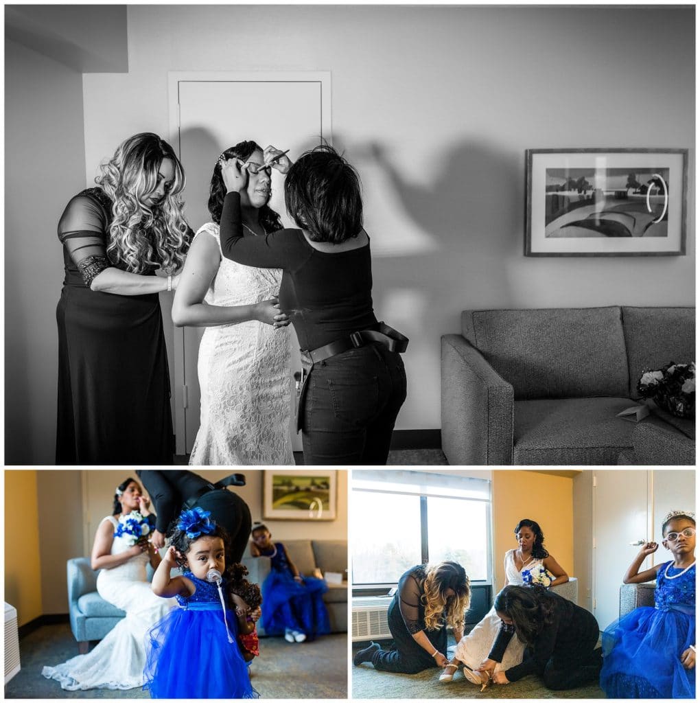 bride getting final makeup touches and shoes on, adorable flower girl