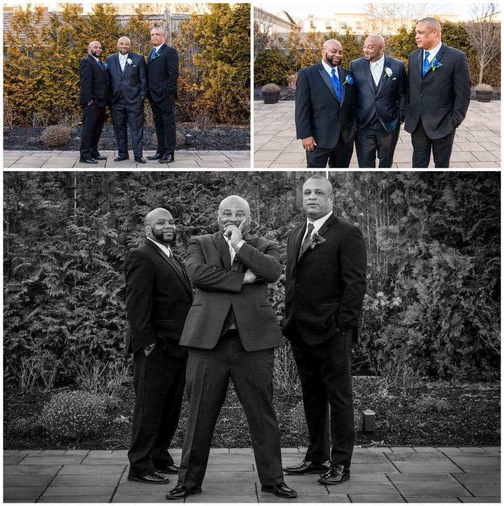groom and groomsmen portraits out in the courtyard at the Windsor Ballroom