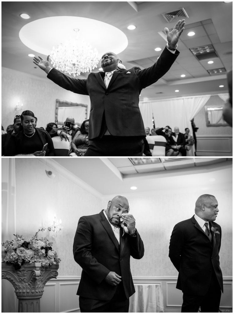 groom dancing down the aisle and wiping away a tear from his eye during the wedding ceremony at Windsor Ballroom
