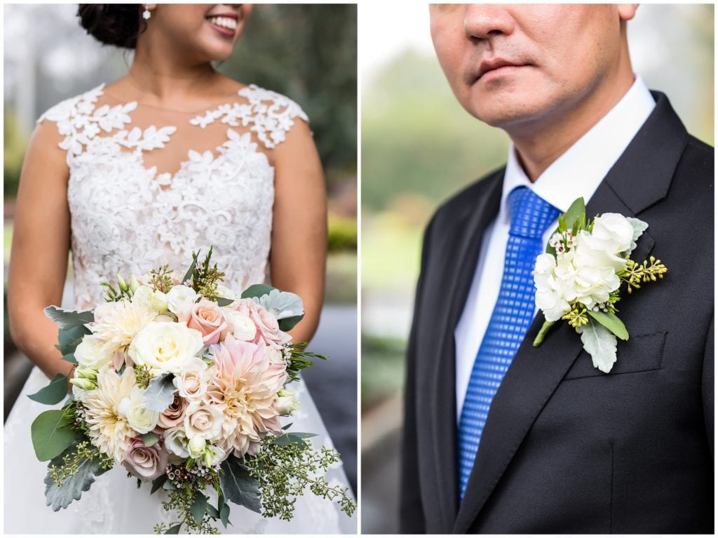 details of bride's peachy bouquet with dahlias and roses, groom blue checked tie and white hydrangea boutonniere