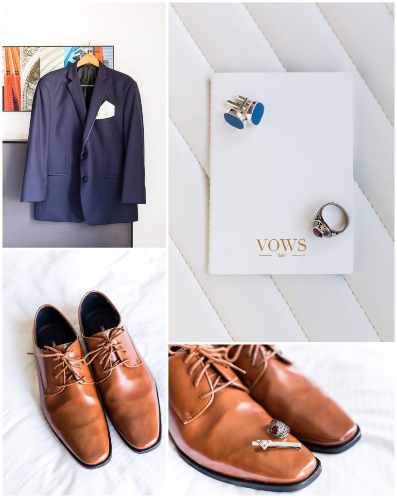 Groom detail collage with jacket, shoes, cufflinks, class ring, and vow book