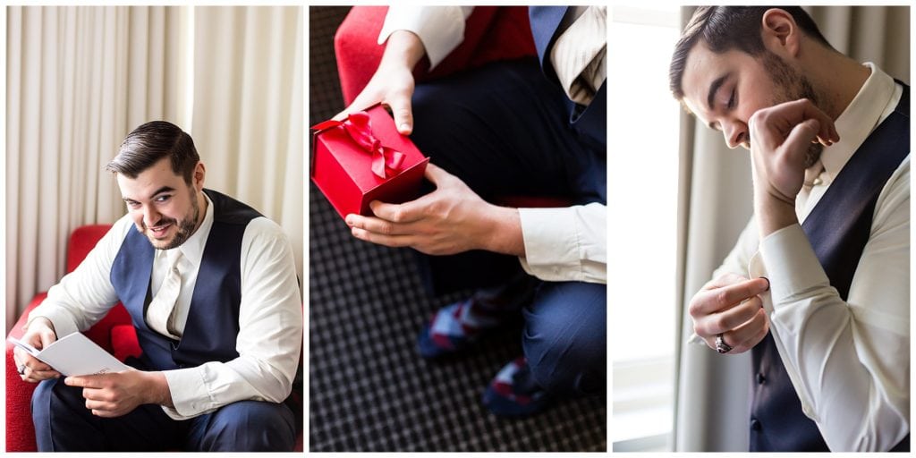 Groom getting ready, opening gift, and reading letter collage